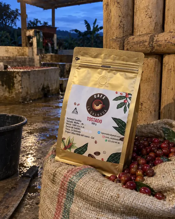 Café cereza junto a la bolsa en el beneficiadero de la finca